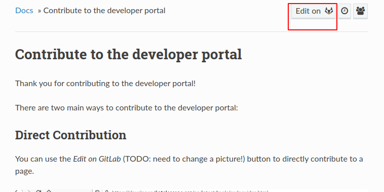 A page on the developer portal, showing the "Edit on GitLab" link in the top right of the page.