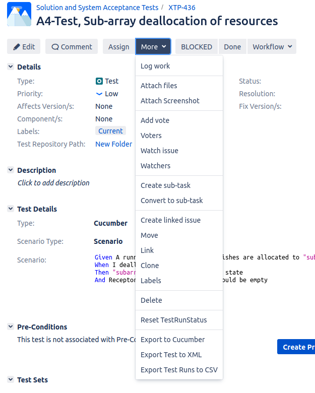 XTP JIRA issue showing the More dropdown expanded