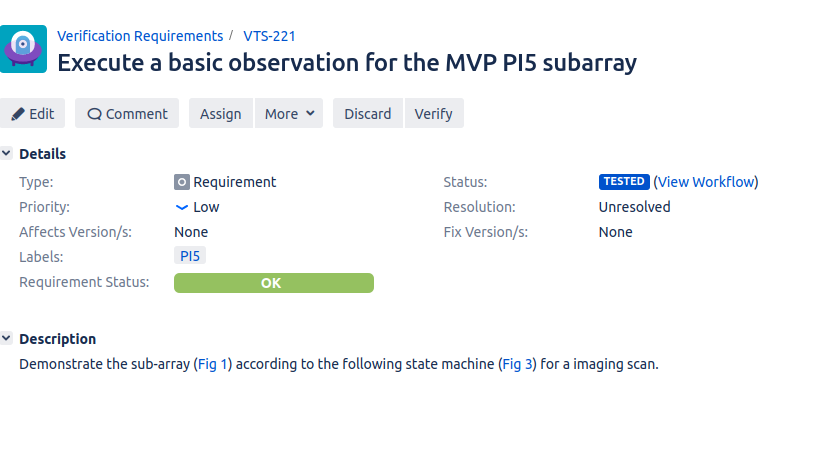 JIRA ticket showing the verification requirement and requirement status.