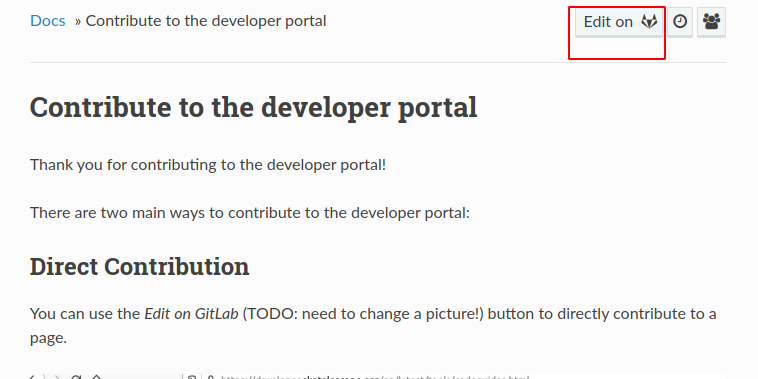 The Edit on GitLab link in the top right of a Developer Portal page.