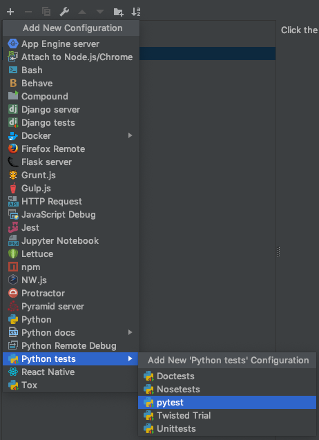 PyCharm configuration menus, showing Python tests Configuration