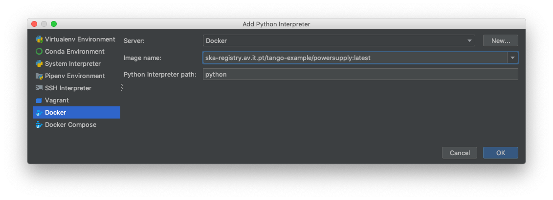 Add Python Interpreter dialog box, showing the Server dropdown set to "Docker", the Image name set to: ska-registry.av.it.pt/ska-tango-examples/powersupply:latest, and the Python Interpreter path set.