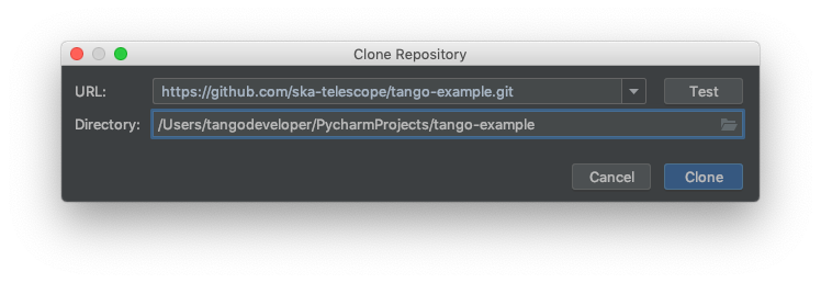 Clone Repository dialog box, specifying the path to the folder into which the repository should be cloned.