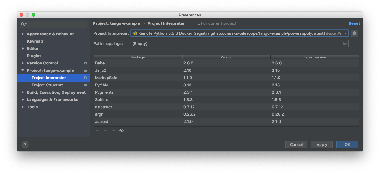 the Python Interpreter Preferences dialog box, showing the list of packages in the ska-tango-examples image.