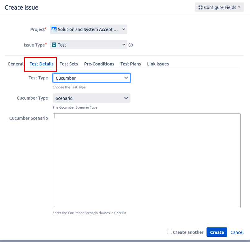 Create Issue dialog box, showing the Test Details tab.