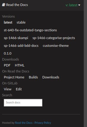 The Read the Docs version dropdown expanded to show a list of clickable versions.