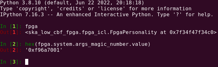 IPython console showing an fpga object and reading its ARGS magic number