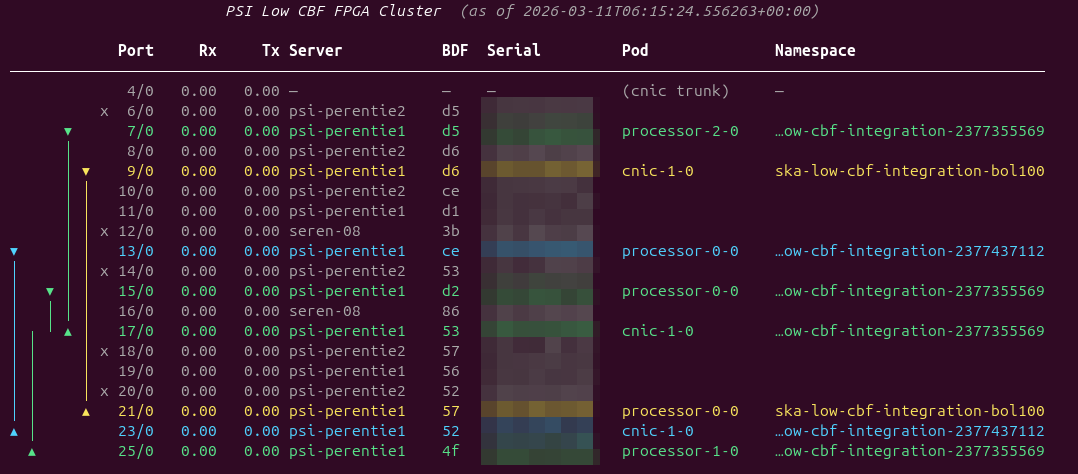 PSI Display output showing FPGA cluster status