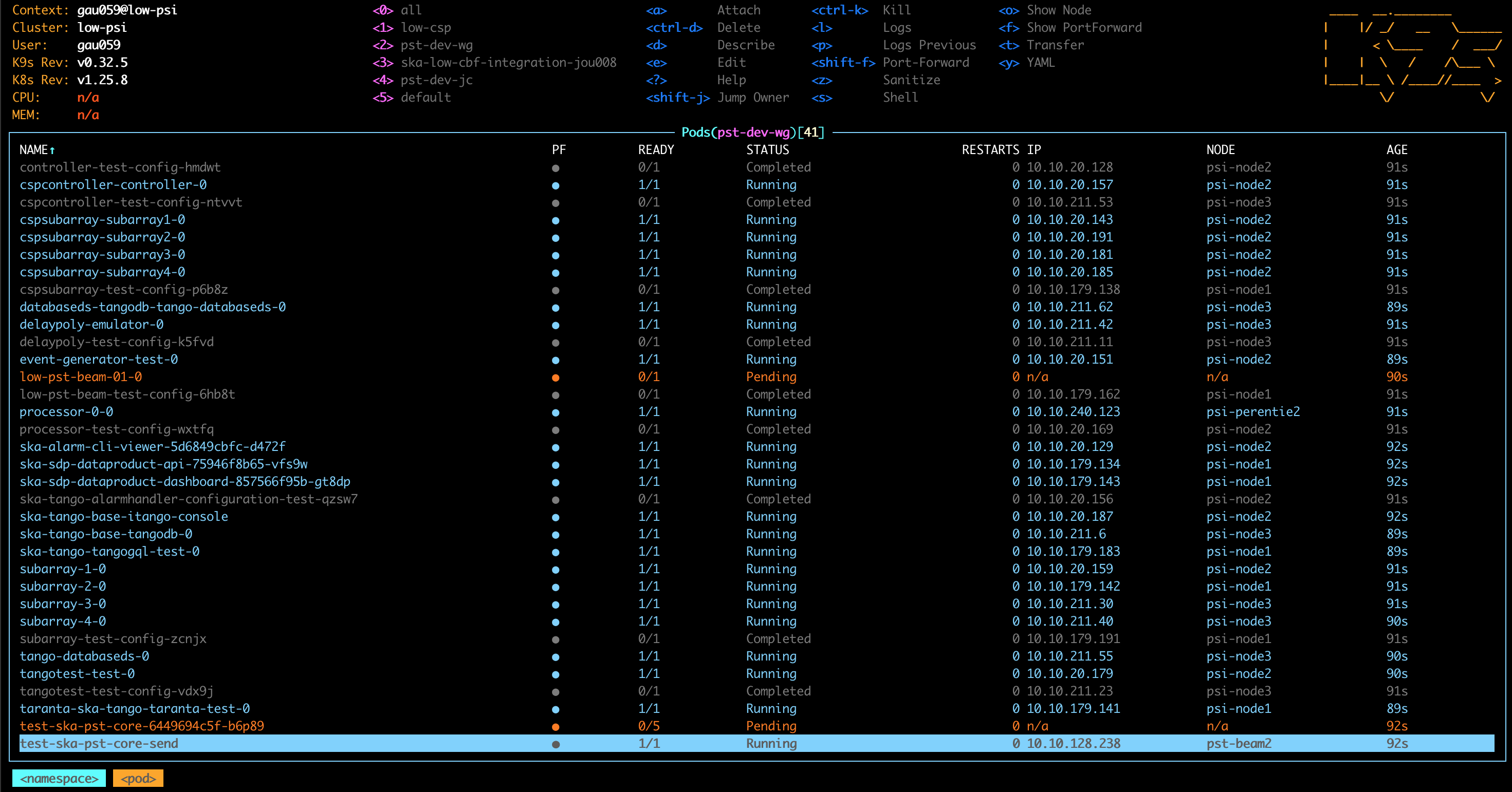 k9s image showing PST LMC and Core pods stuck in pending state