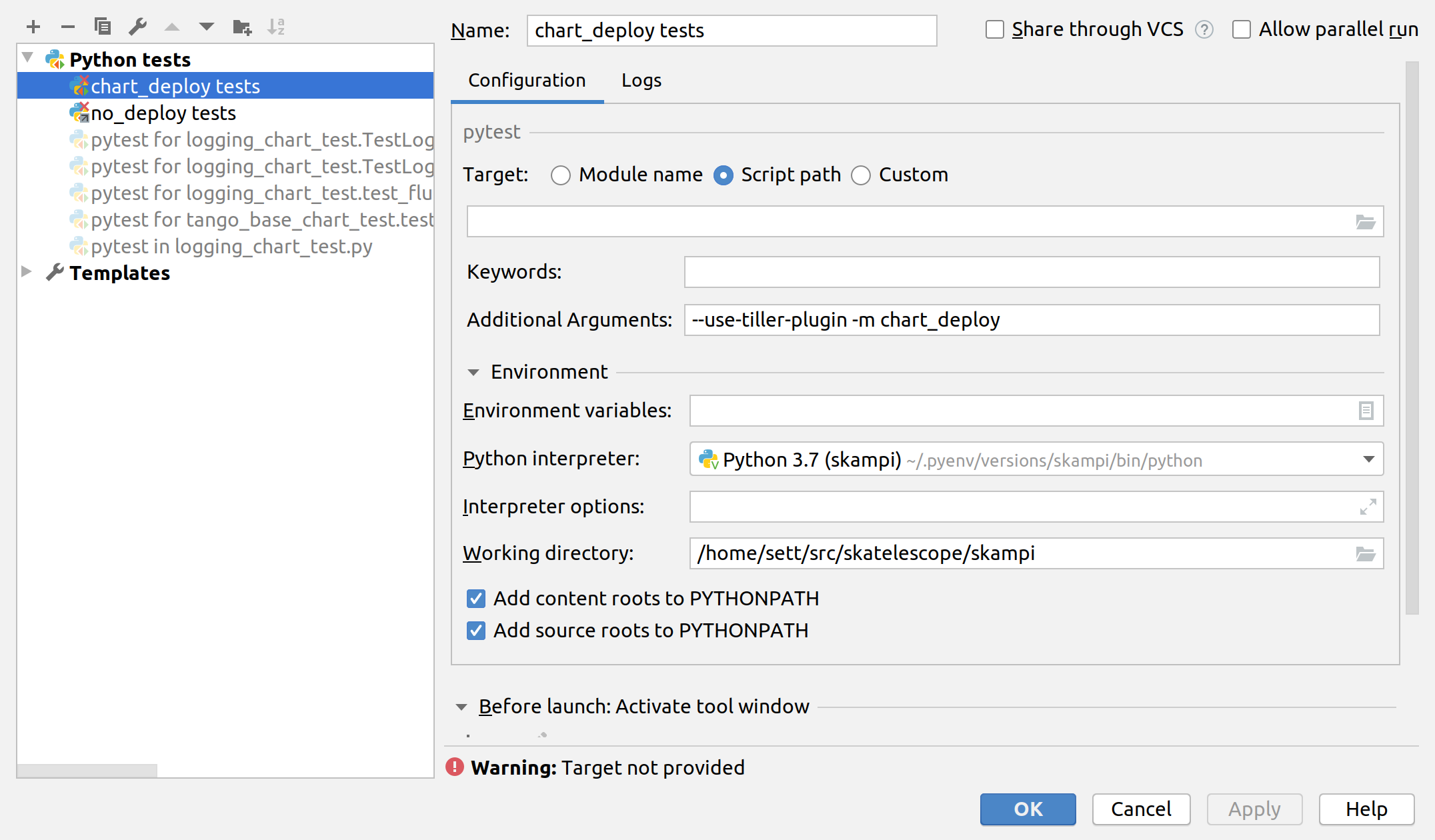 PyCharm config for running chart_deploy tests