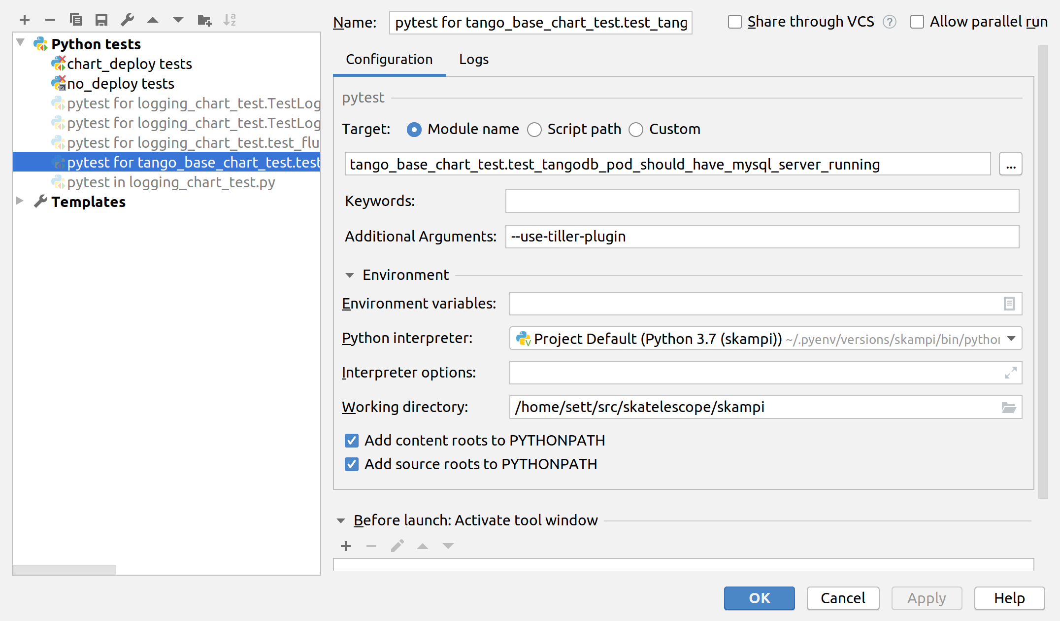 PyCharm config for running specific chart_deploy test